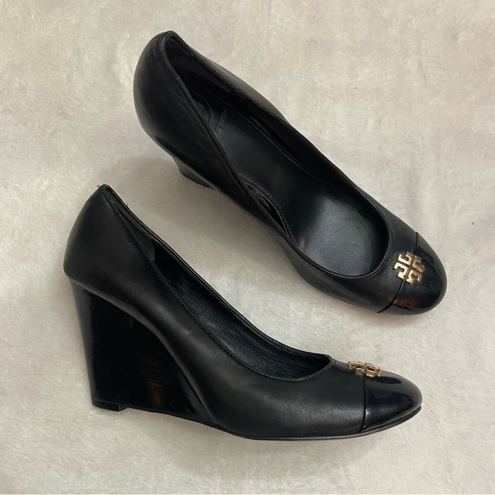 Black Leather Wedge Pumps with Gold Accent